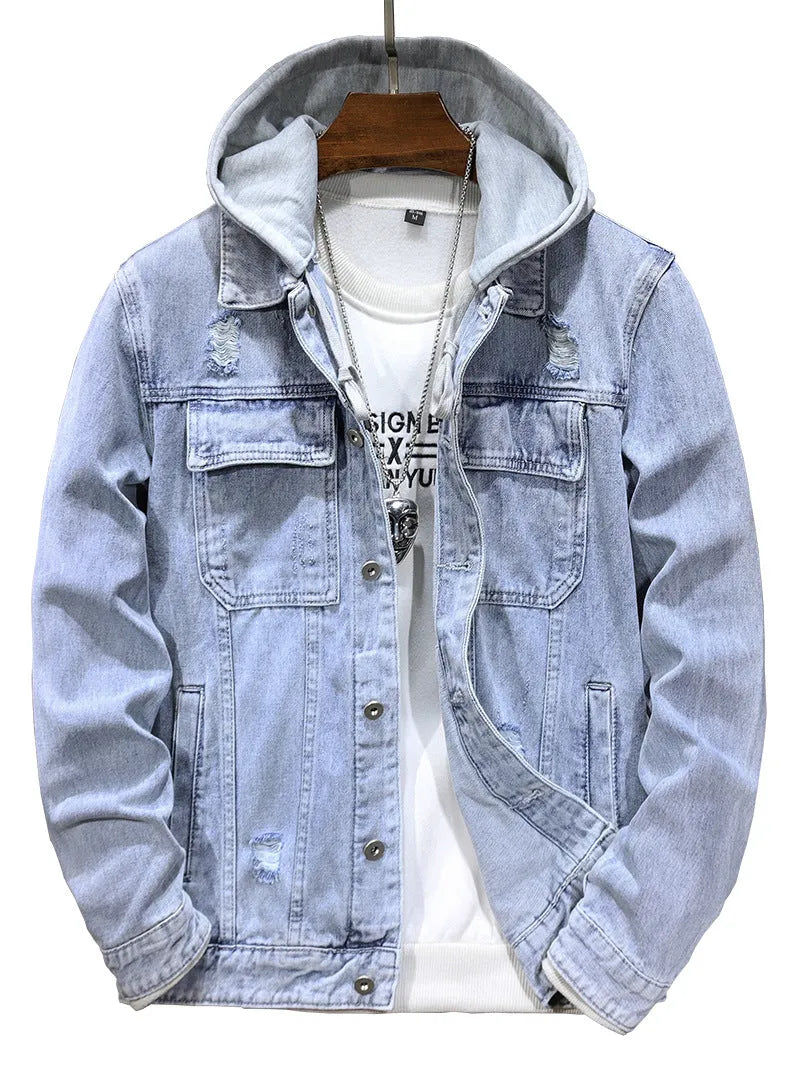 Men's light blue detachable hooded denim jacket with side seam pockets, regular fit, long sleeves