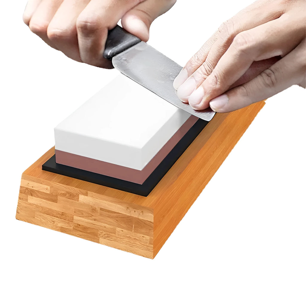 White corundum whetstone with 3000/8000 grit sides, bamboo base, correction stone and accessories for kitchen knife sharpening
