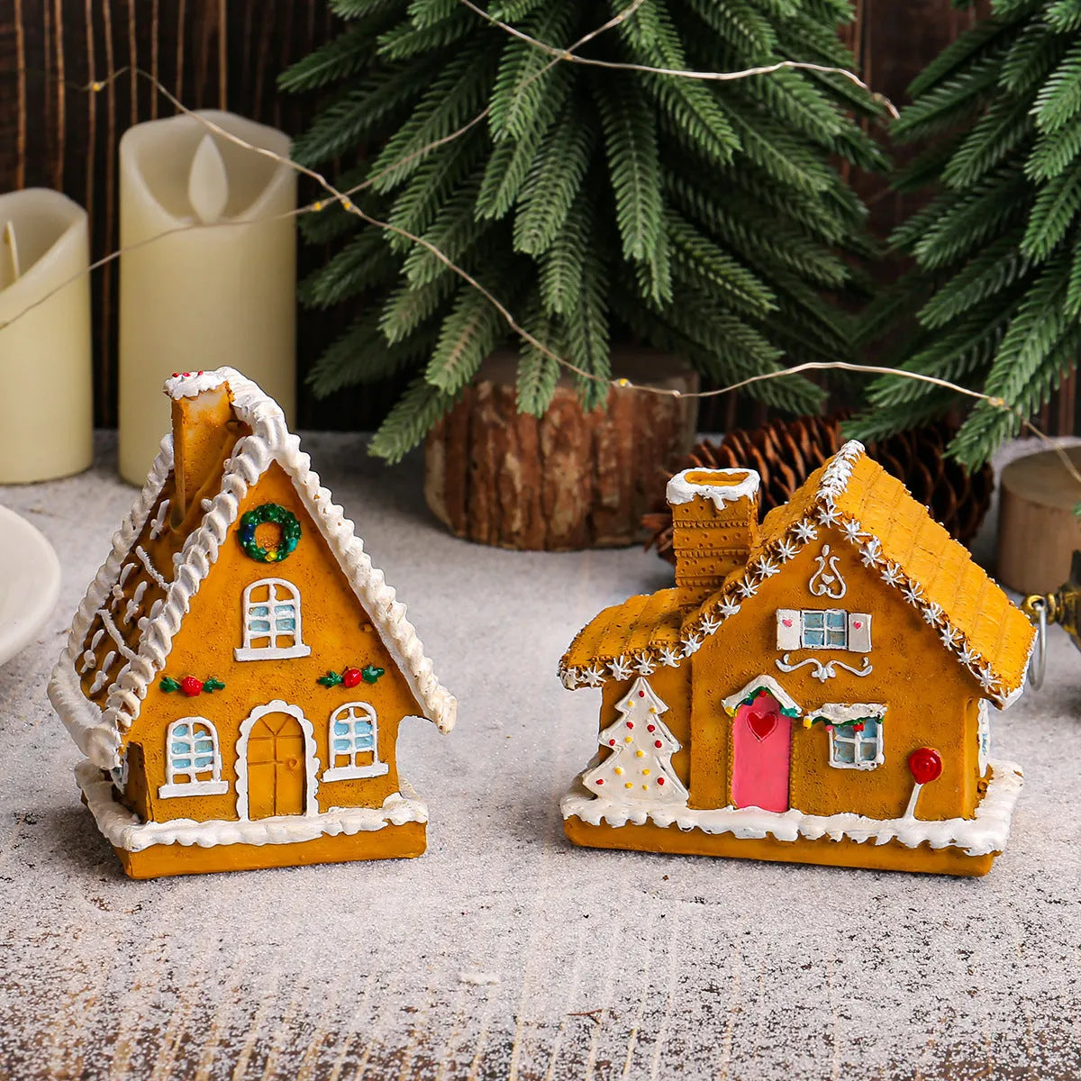 Christmas resin small house micro landscape with warm LED glow on tabletop