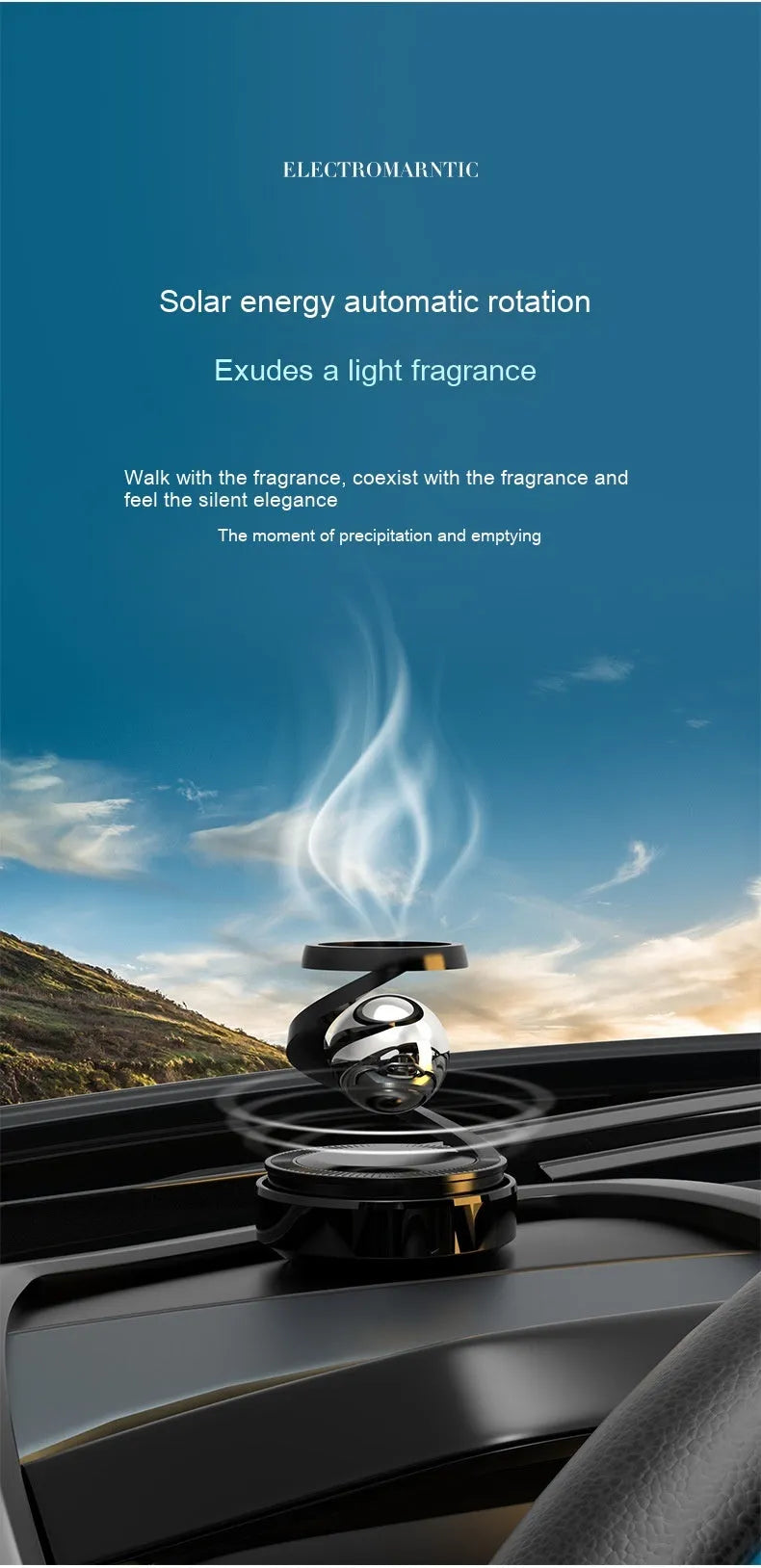 Solar-powered car aromatherapy diffuser dashboard ornament with fragrance options