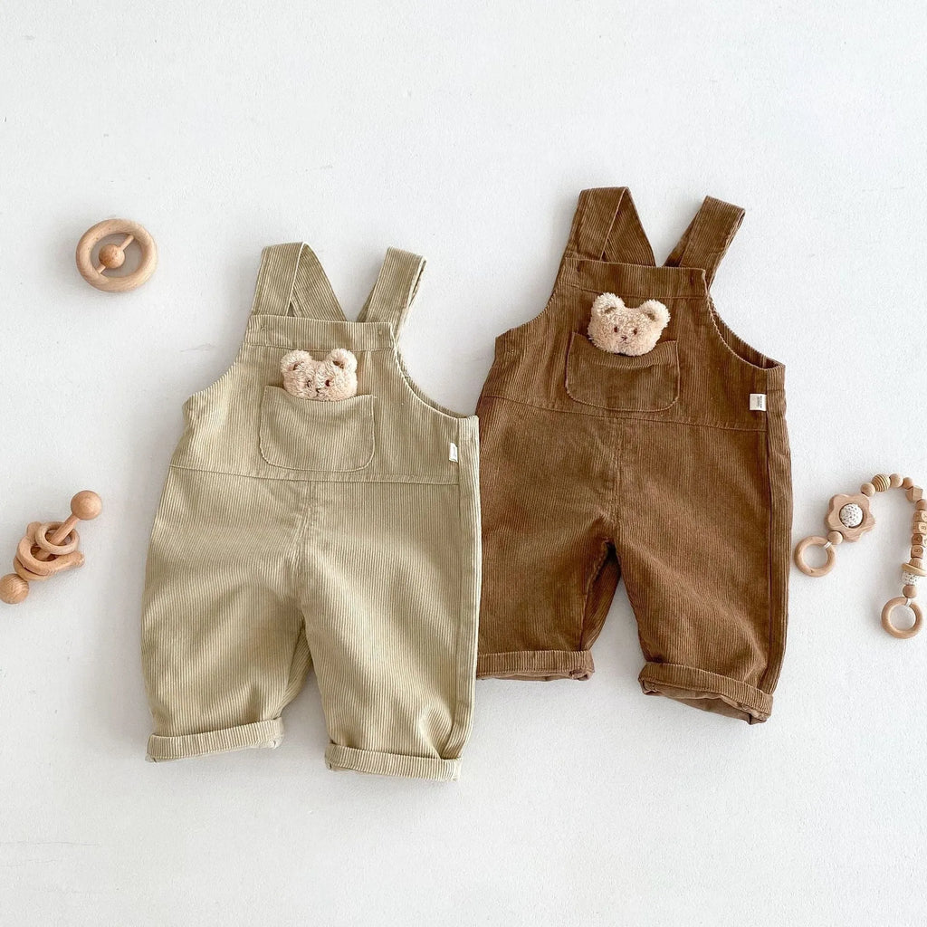 Boys' bear-style corduroy suspender overalls in apricot, solid colour, suitable for 73-100cm height