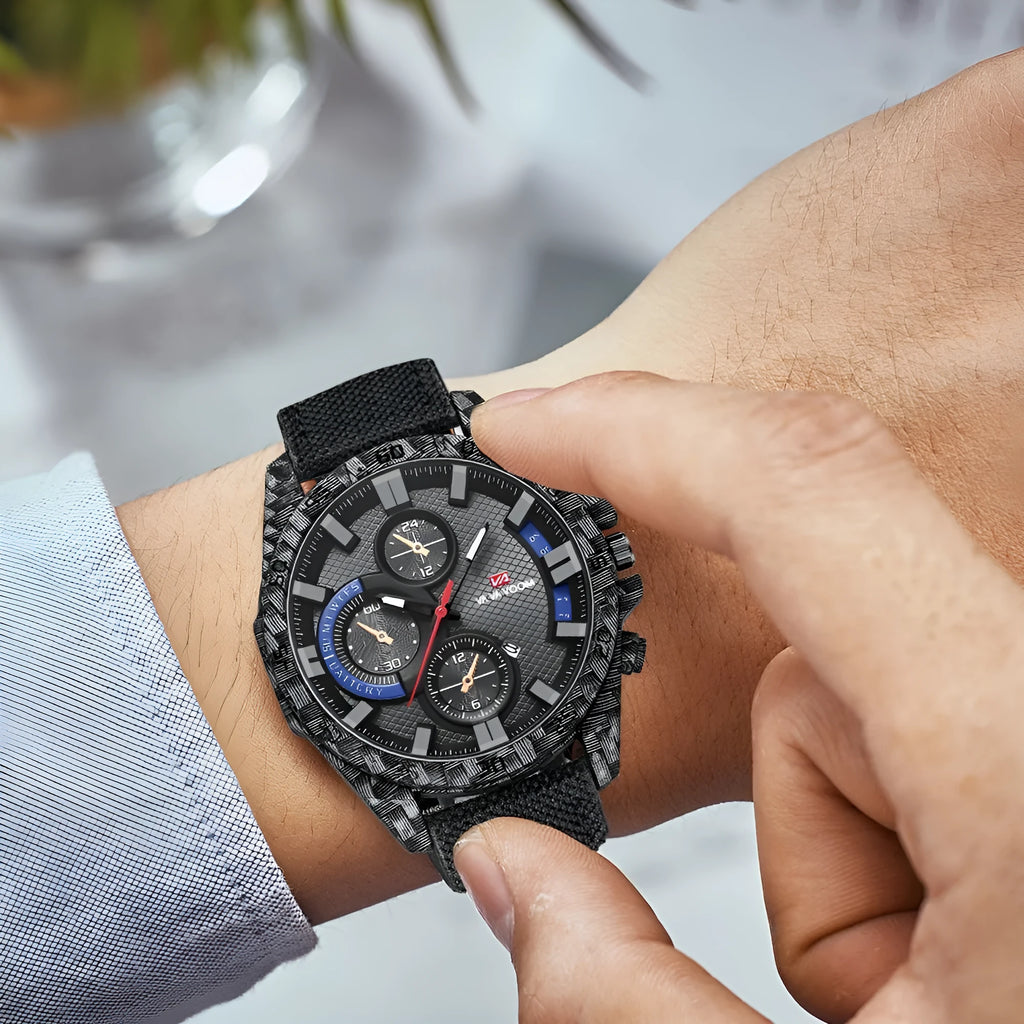 Carbon fibre element case men's wristwatch with luminous pointer display, calendar window, and 46mm dial