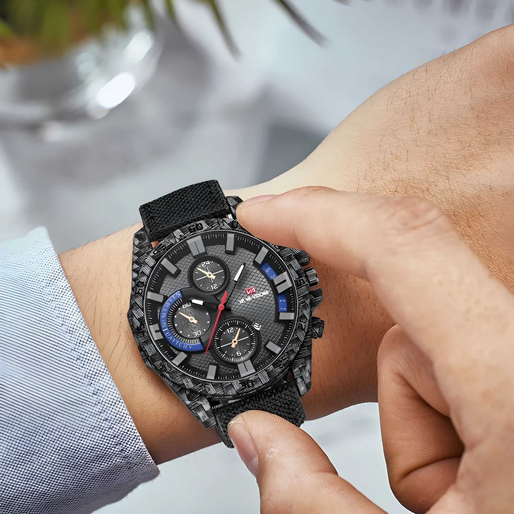 Carbon fibre element case men's wristwatch with luminous pointer display, calendar window, and 46mm dial
