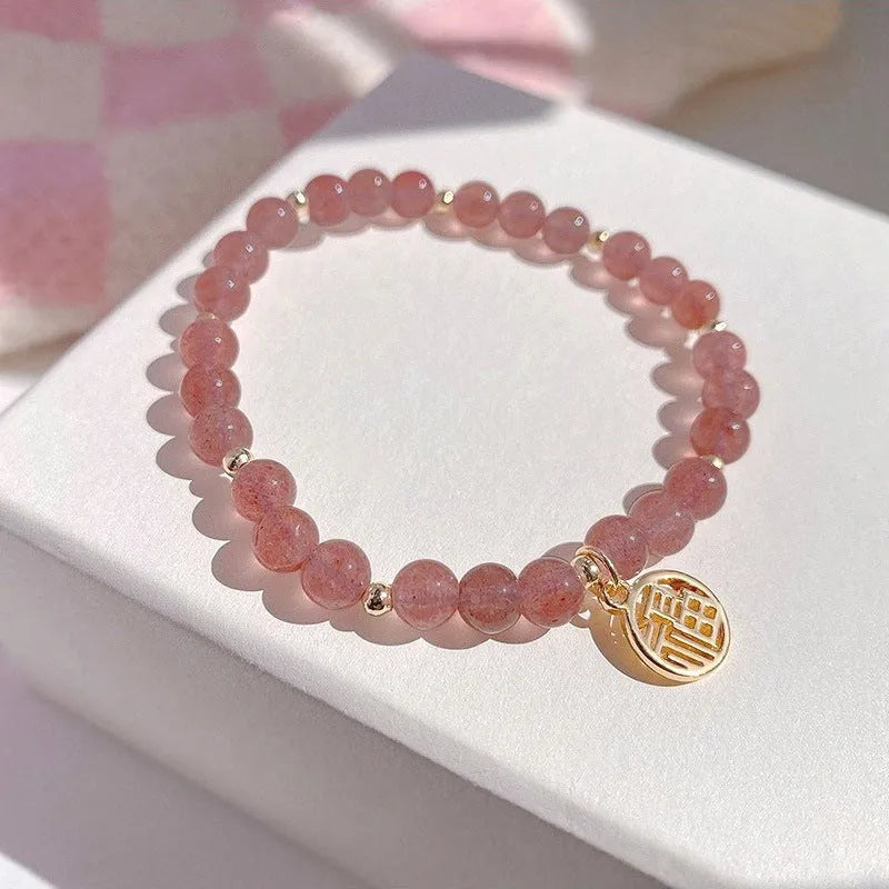Glass bracelet with strawberry quartz detailing in New Chinese style with manual processing
