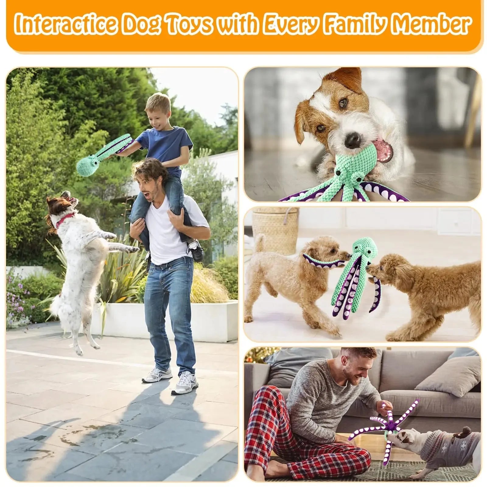 Blue plush octopus dog toy with long legs and cartoon eyes for chewing and interactive play.