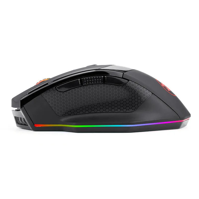 Black Redragon M801P dual mode wireless and wired gaming mouse on a desk.