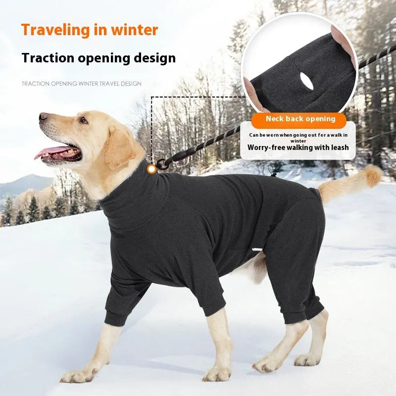 Dark grey polar fleece dog coat with a high collar on a dog, showing the size range from XS to XXXL.