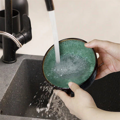 Set of 4 peacock green ceramic bowls, 24oz each, safe for dishwasher, microwave, and oven use