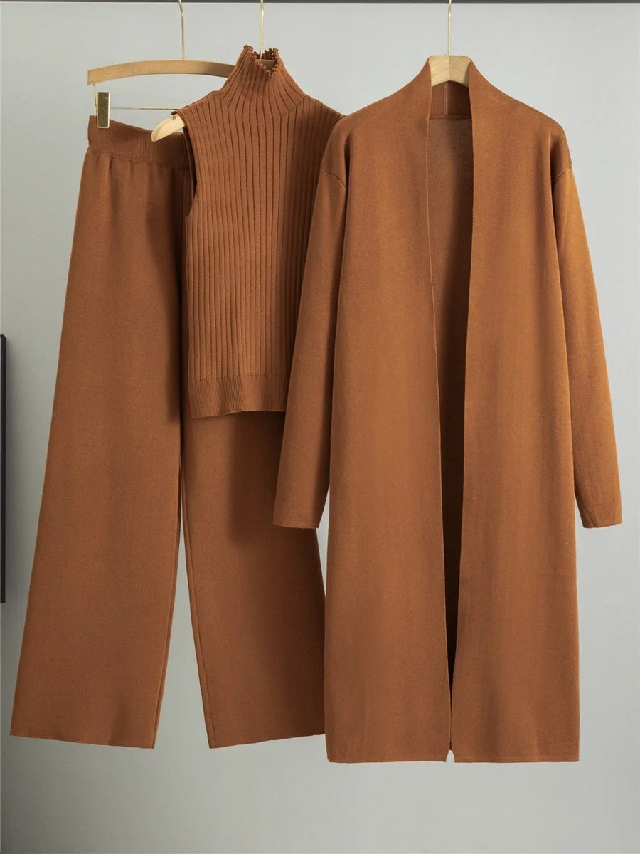 Women's 3-piece knitting suit set with sleeveless vest, long cardigan, and wide-leg pants in various colours