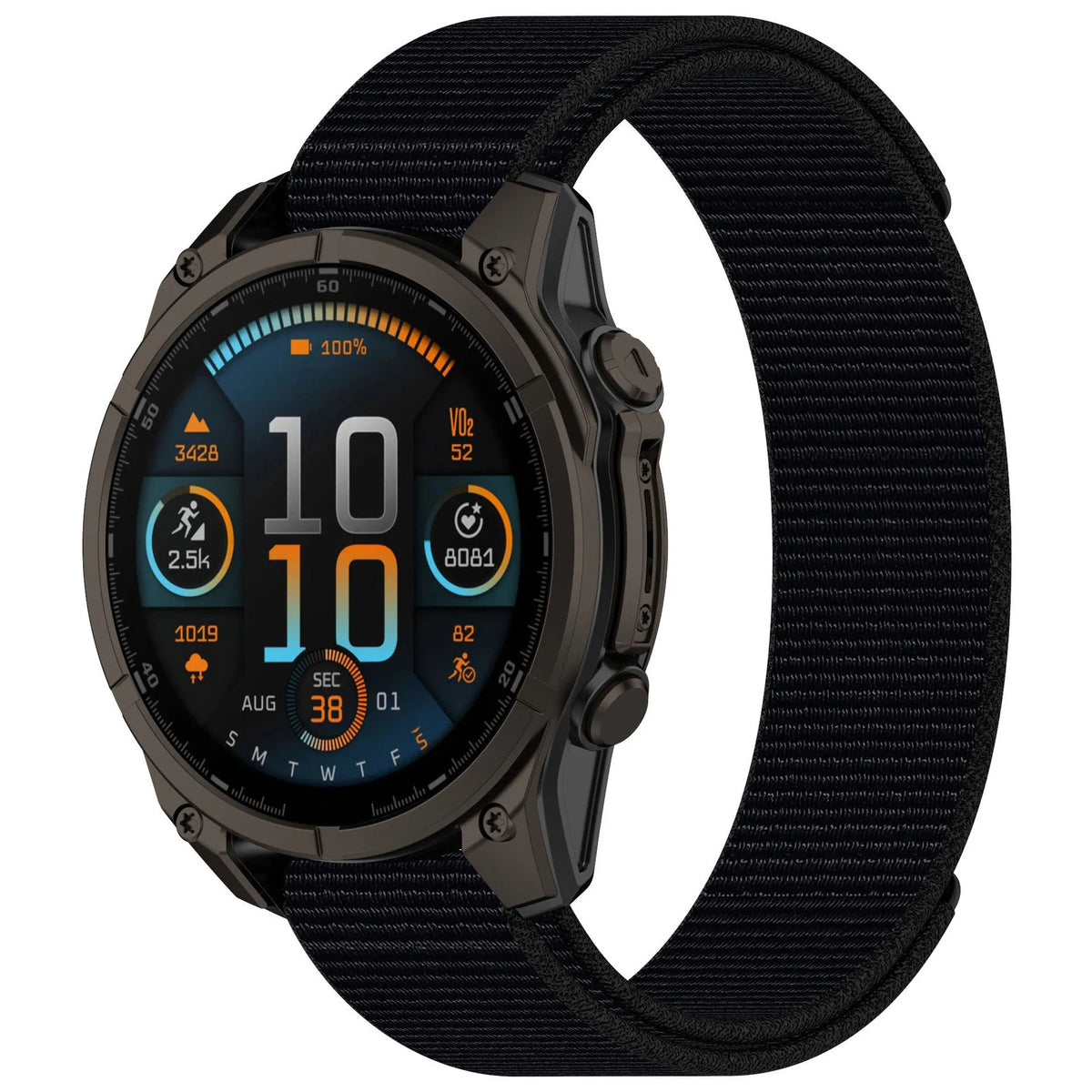Velcro nylon watchband in black with single circle fastener and 22mm width