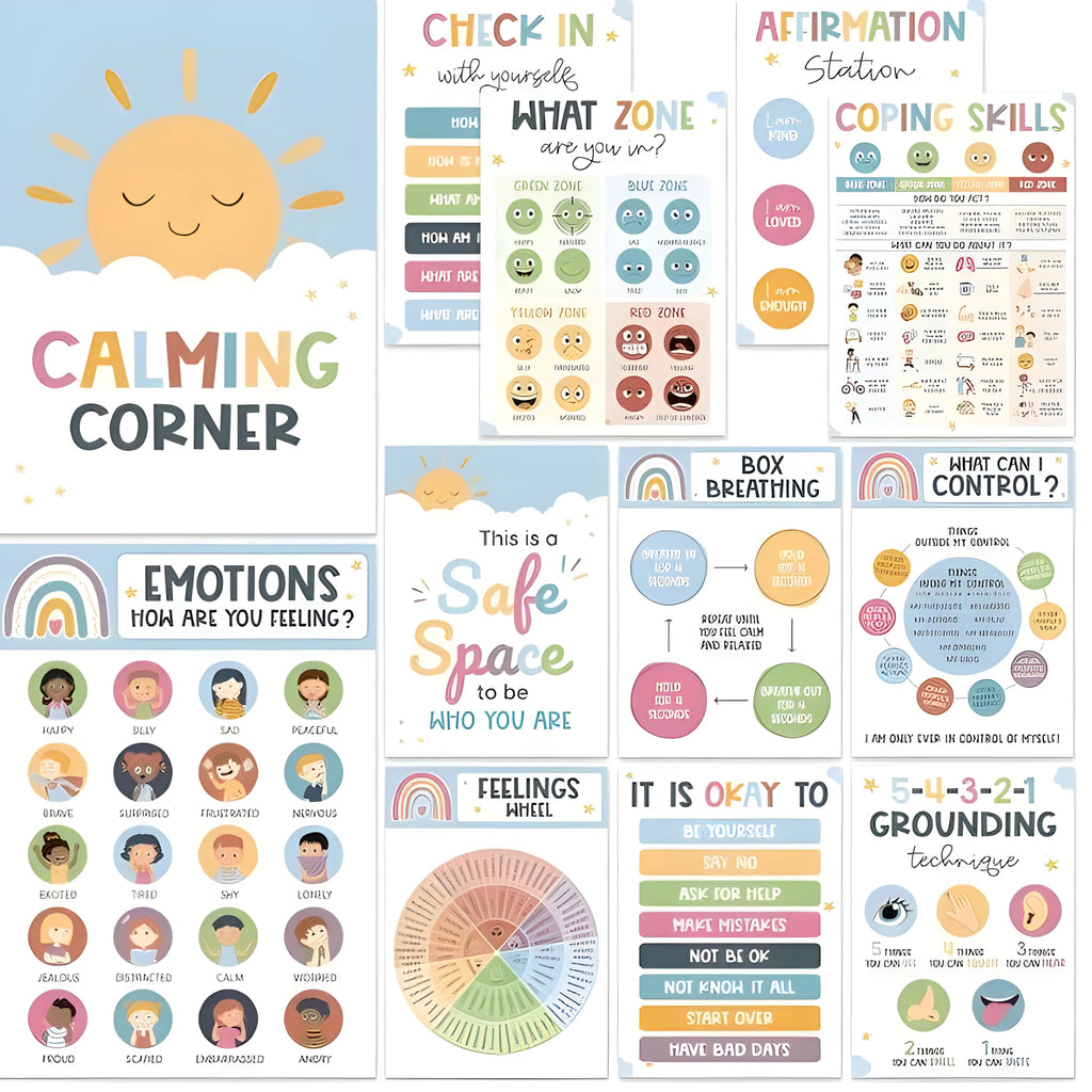 Calm corner poster set with 12 or 16 sheets for classroom decoration, available in 35x25cm or 42x28cm sizes