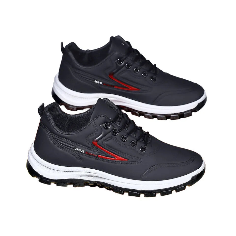 Waterproof leisure sports shoes in black and grey colour with artificial PU upper and plastic sole