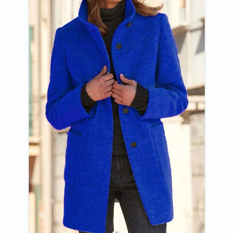 Stylish wool coat with stand collar and pockets, available in various colors for casual fall and winter wear.