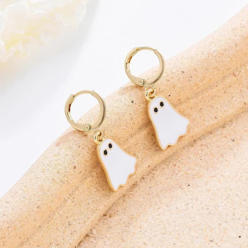 Gold ghost huggie hoop earrings for Halloween, hypoallergenic and lightweight