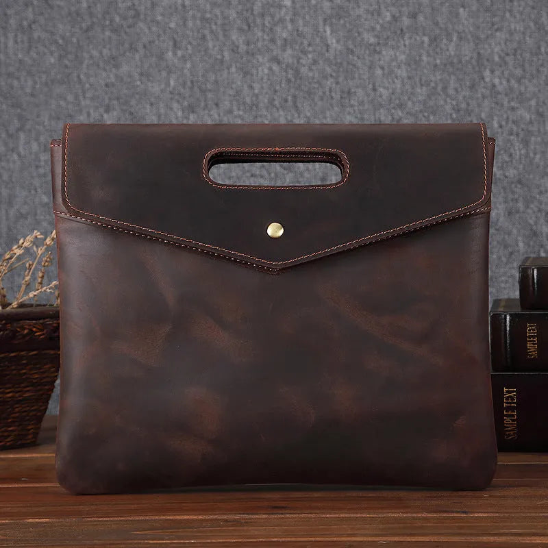 Genuine leather men's vintage business briefcase brown envelope shape wrapped closure soft handle