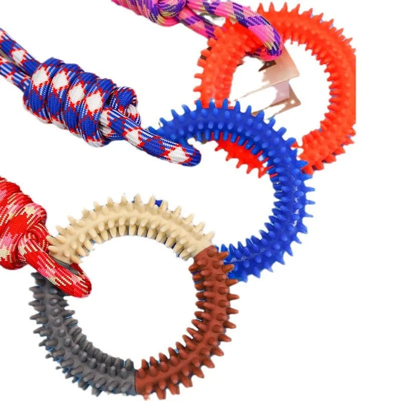 Blue braided rope dog chew toy with knots measuring 43cm length