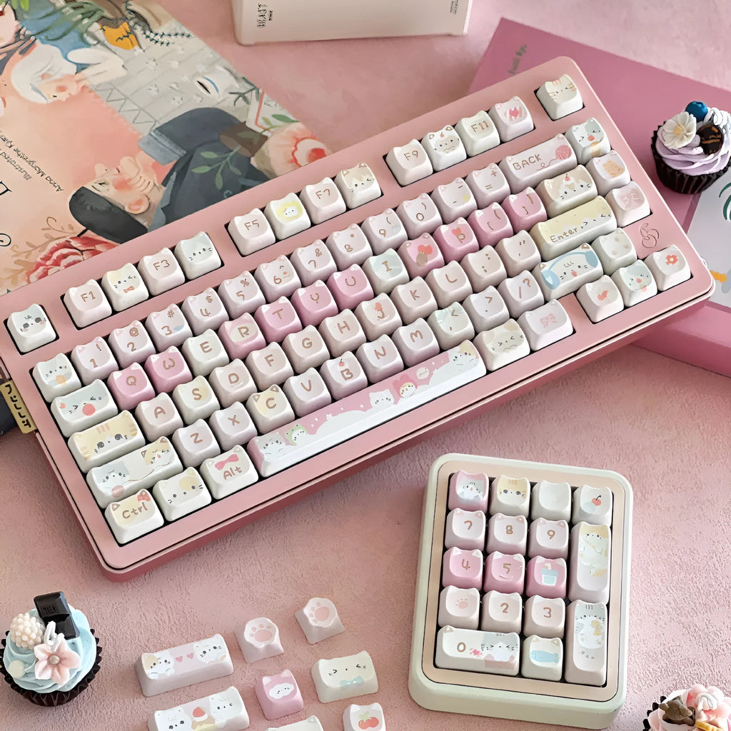 Meow Meow Team character mechanical keyboard key cap set with 141 pieces showing five-sided sublimation printing