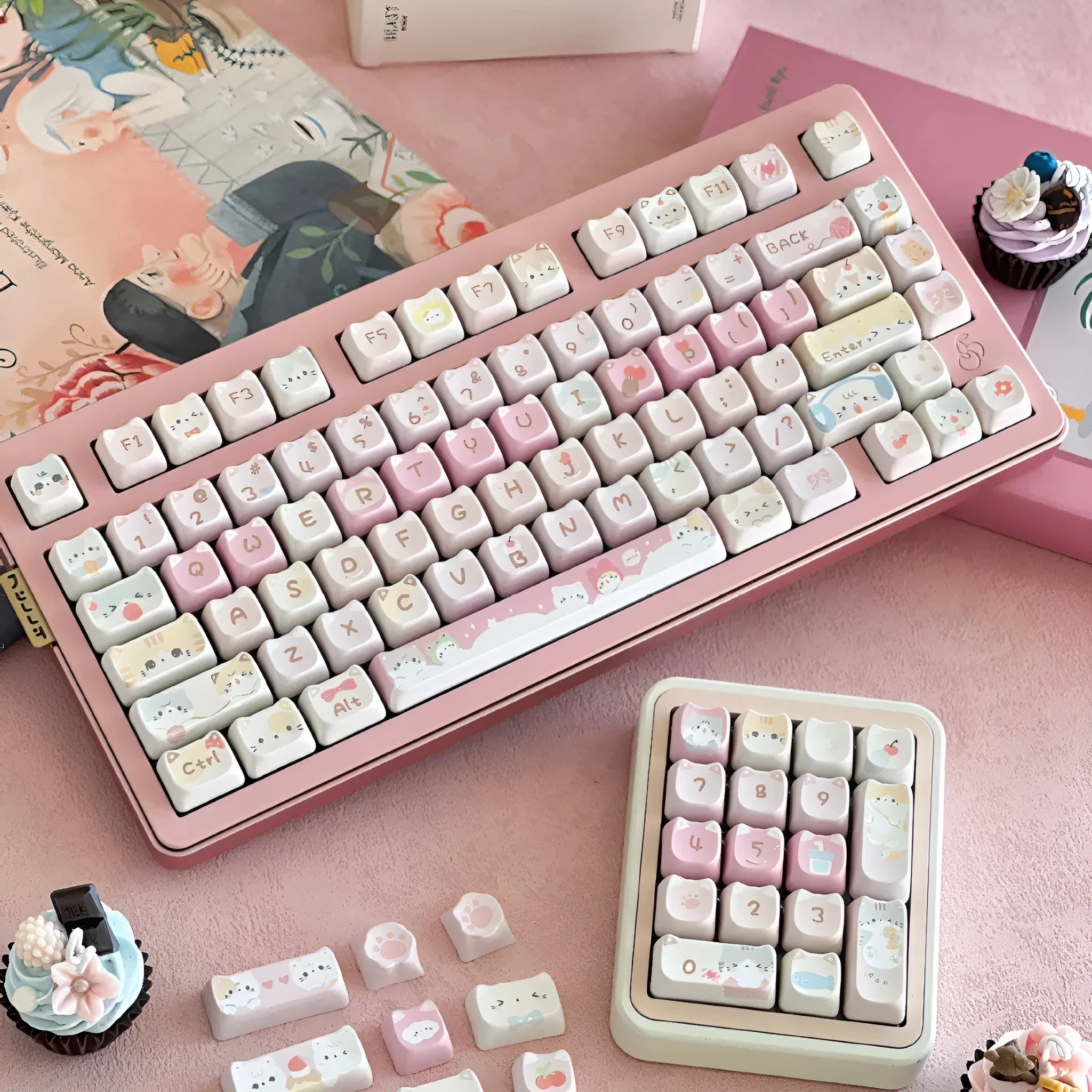 Meow Meow Team character mechanical keyboard key cap set with 141 pieces showing five-sided sublimation printing