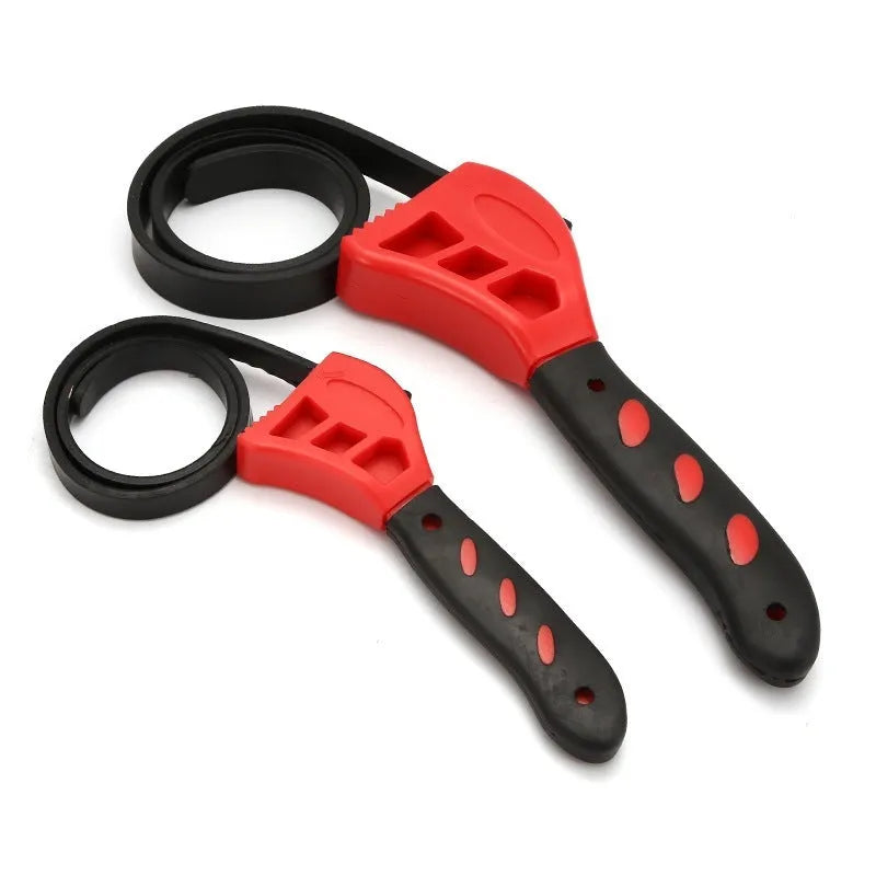 A black adjustable rubber strap wrench set showing 6-inch and 8-inch sizes on a white background.