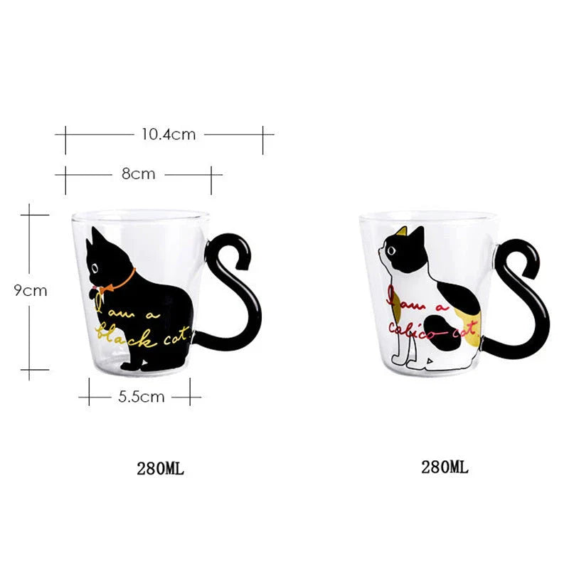 Adorable cat-themed glass mug with tail-shaped handle, perfect for hot and cold beverages