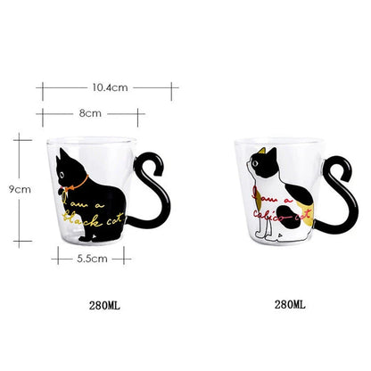 Adorable cat-themed glass mug with tail-shaped handle, perfect for hot and cold beverages