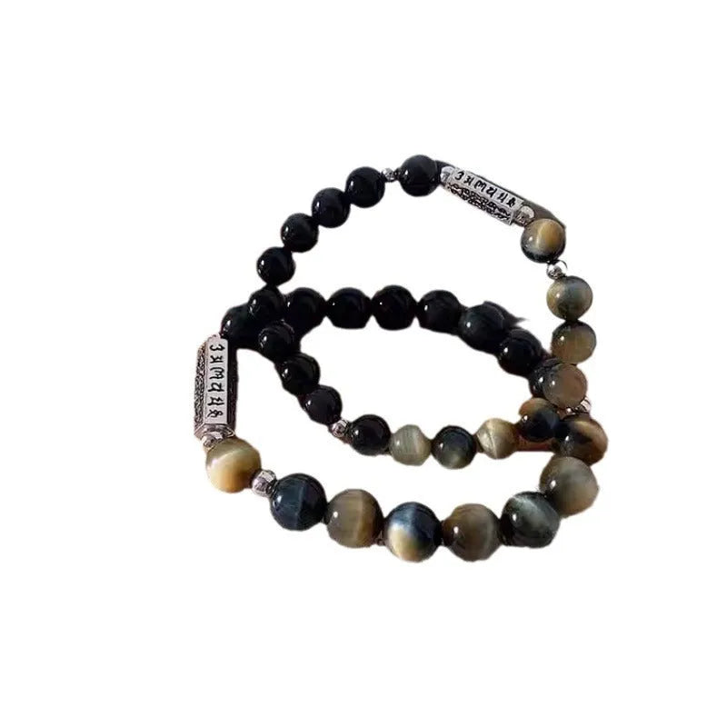 Tigereye Obsidian and Sterling Silver couple bracelets with Chinese geometric design