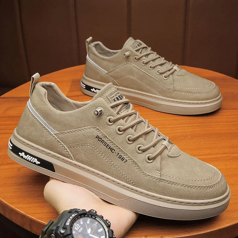 Men's low-top casual shoes in khaki with round toe, flat rubber sole, and PU upper material