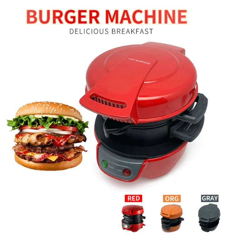 Versatile breakfast sandwich maker with egg cooker, bread machine, and waffle functions in bright red, orange, and silver gray colors