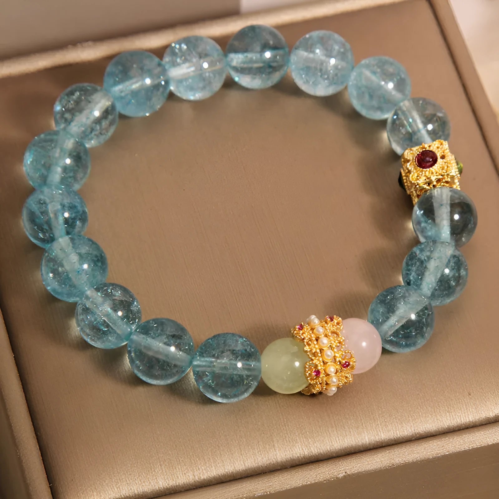 Blue crystal cube sugar bracelet with Chinese style design on flexible ring