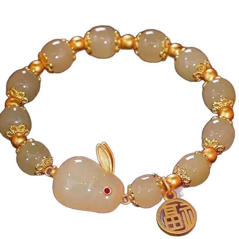 National style bracelet with rabbit charm, coloured glaze and glass beads, peace buckle clasp