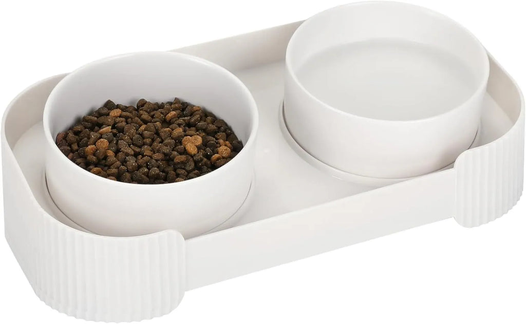 Ceramic elevated cat bowls set with 15 degree tilt in green, white and yellow colour options