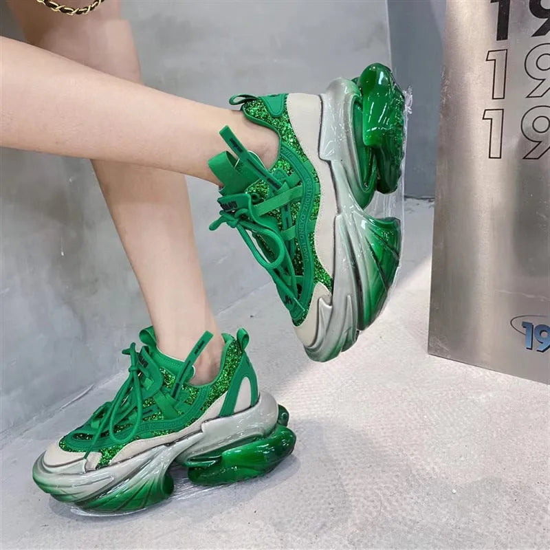 Women's leather casual sports shoes with a thick jelly sole and cross-tie lacing in multiple colours.