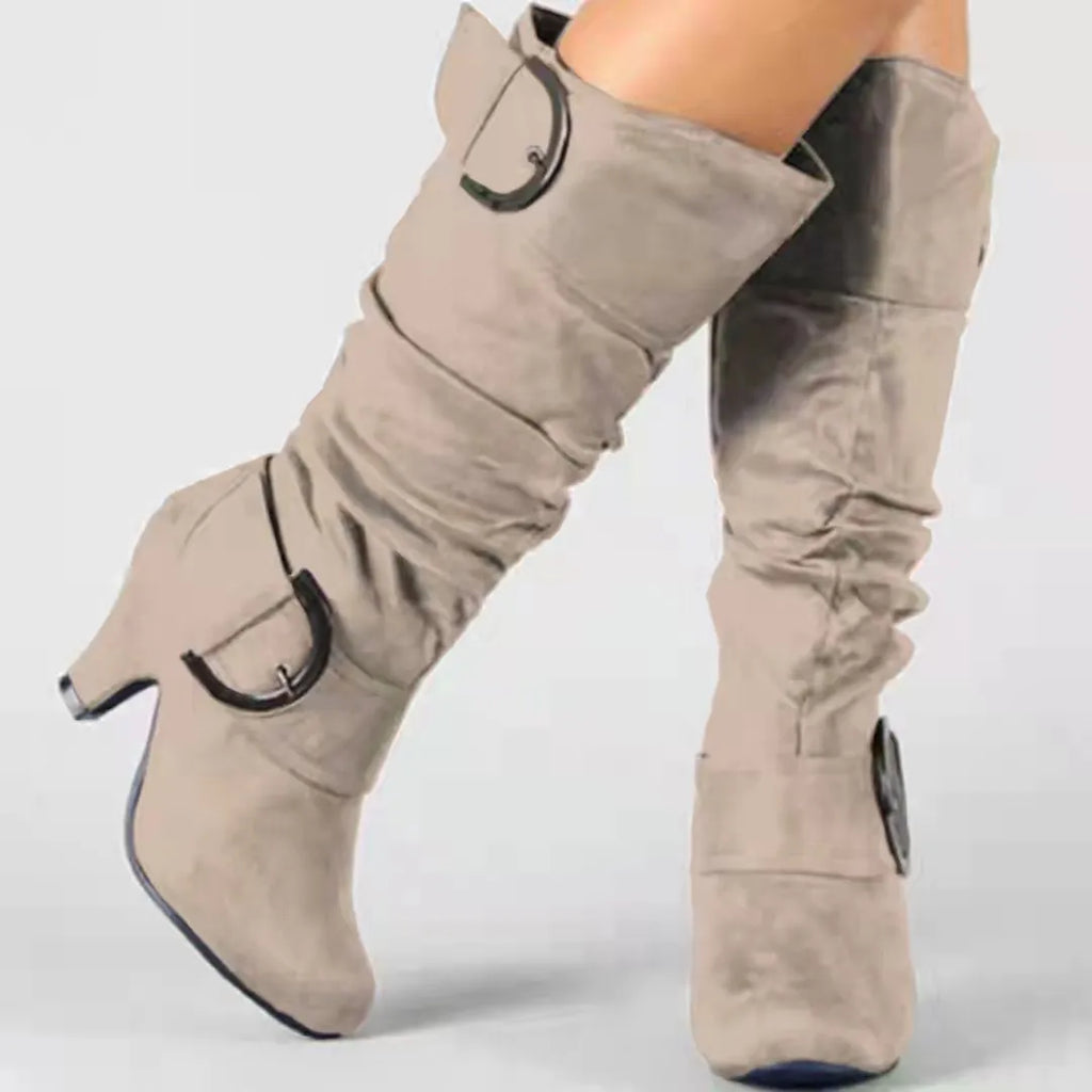 Women's brushed velvet suede boots with high cylinder, tapered heel, and round toe in multiple colours