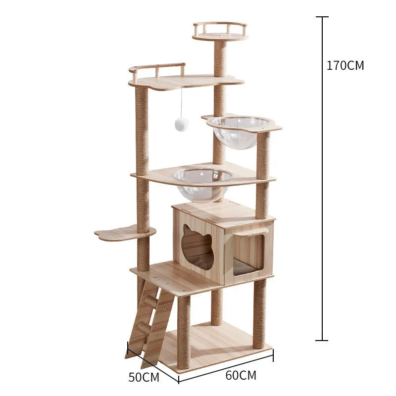 Plush cat climbing frame with nest and scratch board in indoor setting