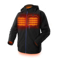 Black men's USB heated winter coat with long sleeves, straight hem, and zipper pockets.