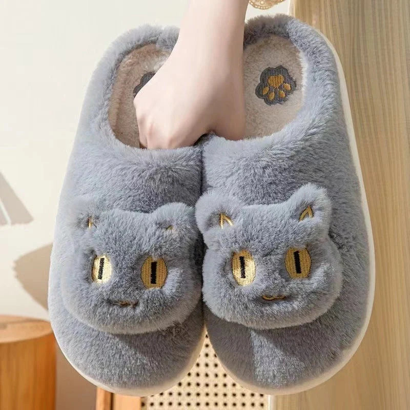 Cotton cat slippers with memory foam insole in black, white, gray, and pink