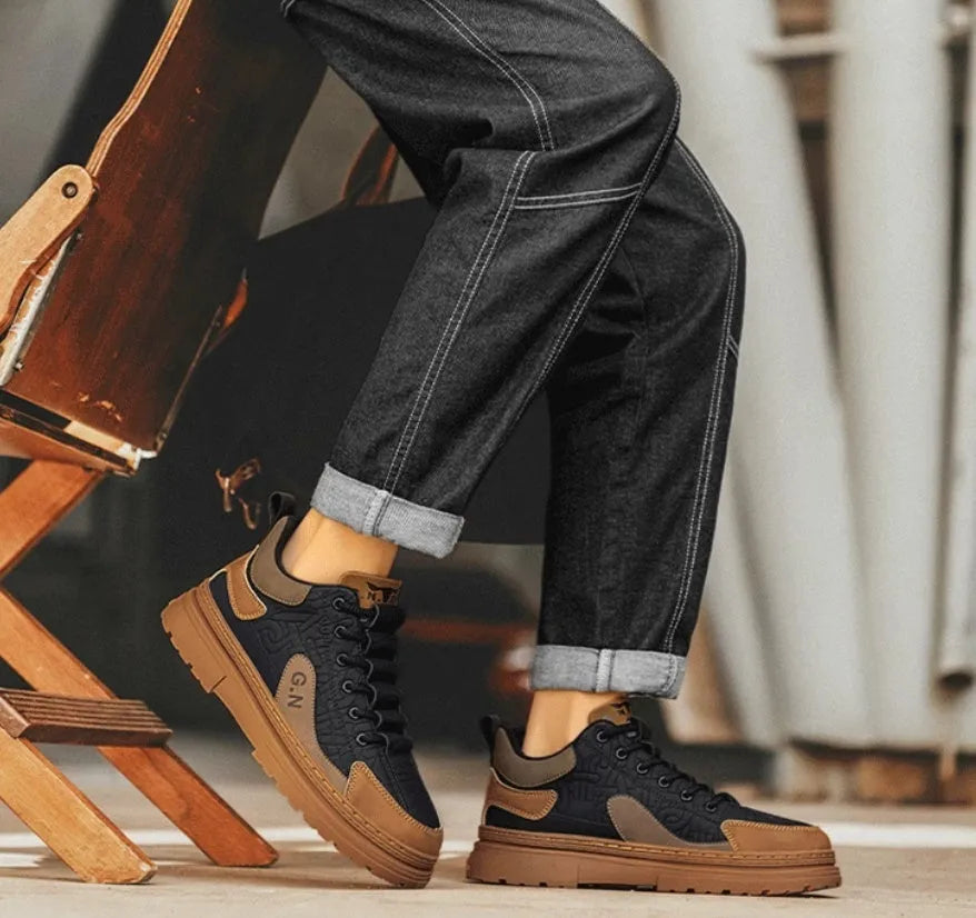 Black and white platform sneakers with thick rubber soles and microfiber leather insoles