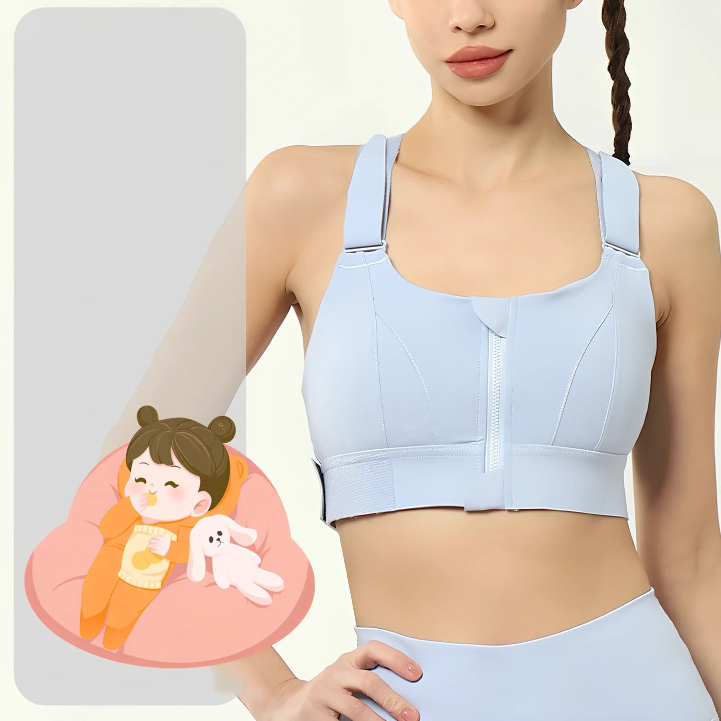 Women's black seamless sports bra with front zipper closure for high-impact workouts