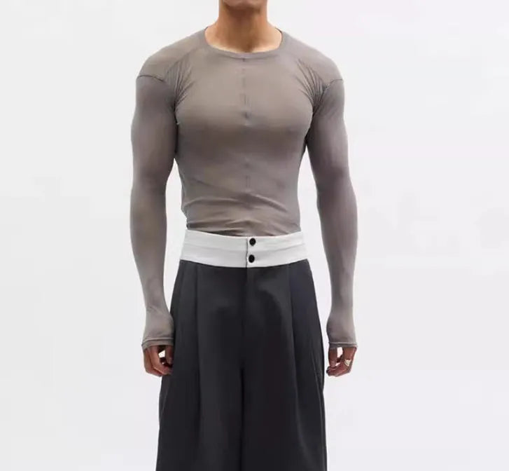 Black slim-fit long sleeve mesh pullover top with a round neck collar.