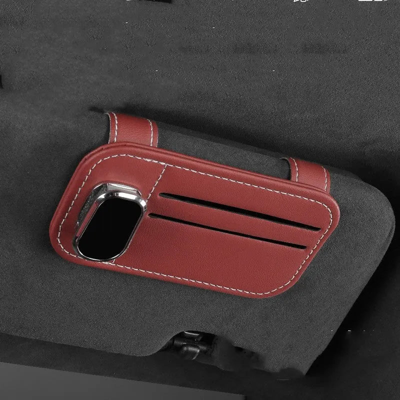 Genuine cowhide leather car sun visor card holder with snap-on installation in five colour options