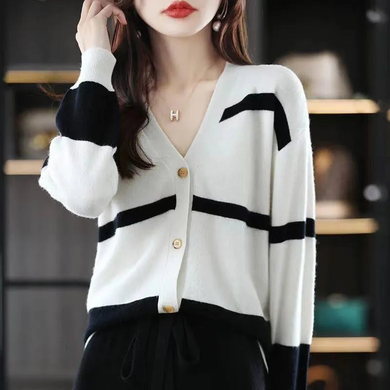 Women's striped V-neck button cardigan with 3D pattern in multiple colour options