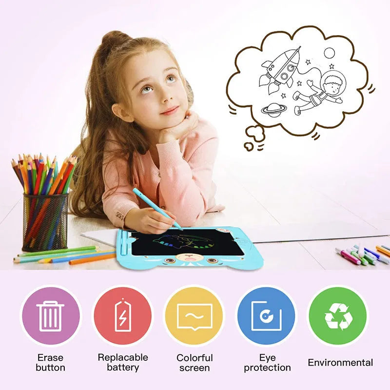 Cartoon bear children's LCD handwriting drawing board in sky blue colour on a table.