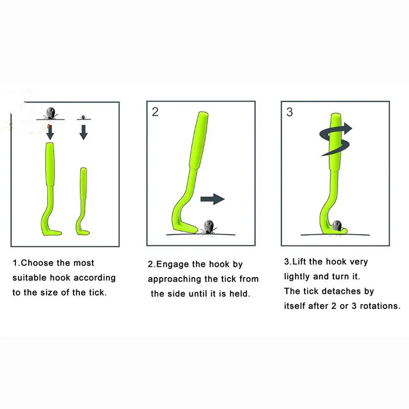 Three plastic tick removal clips for pets in blue and green colours