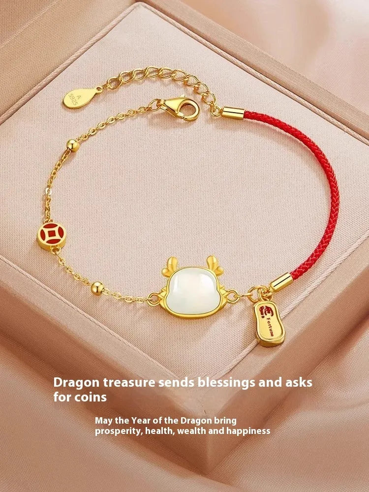 Women's silver-plated Dragon zodiac bracelet with Hetian jade and New Chinese style design