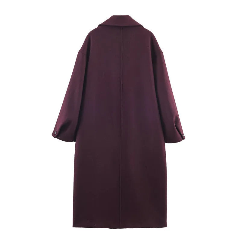 Women's all-match loose slimming long overcoat in wine red with spandex blend fabric for commute