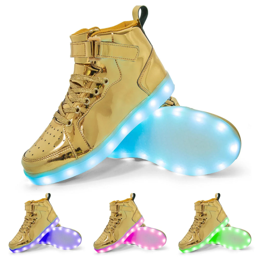 LED light-up high-top board shoes with Velcro strap in black, gold, or white on rubber sole