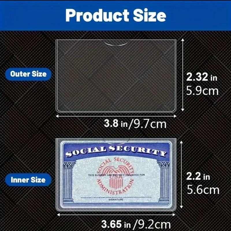 Transparent PVC credit card holder showing a social security card inside, dimensions 9.7cm by 5.9cm.