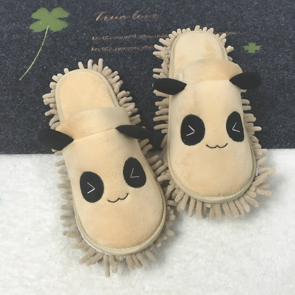 Beige Panda Lazy Mute Slippers with animal pattern, coral fleece upper, and chenille sole.