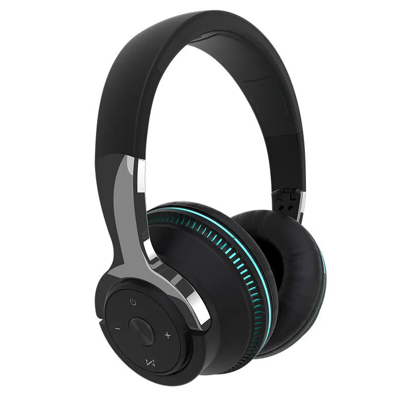 Wired stereo computer headset with subwoofer card in matte black finish, compact over-ear design