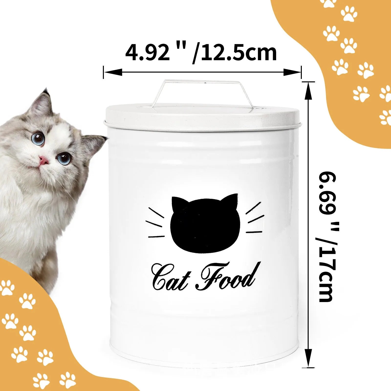 Round black and white iron sheet storage cans with lids for kitchen dry food storage.